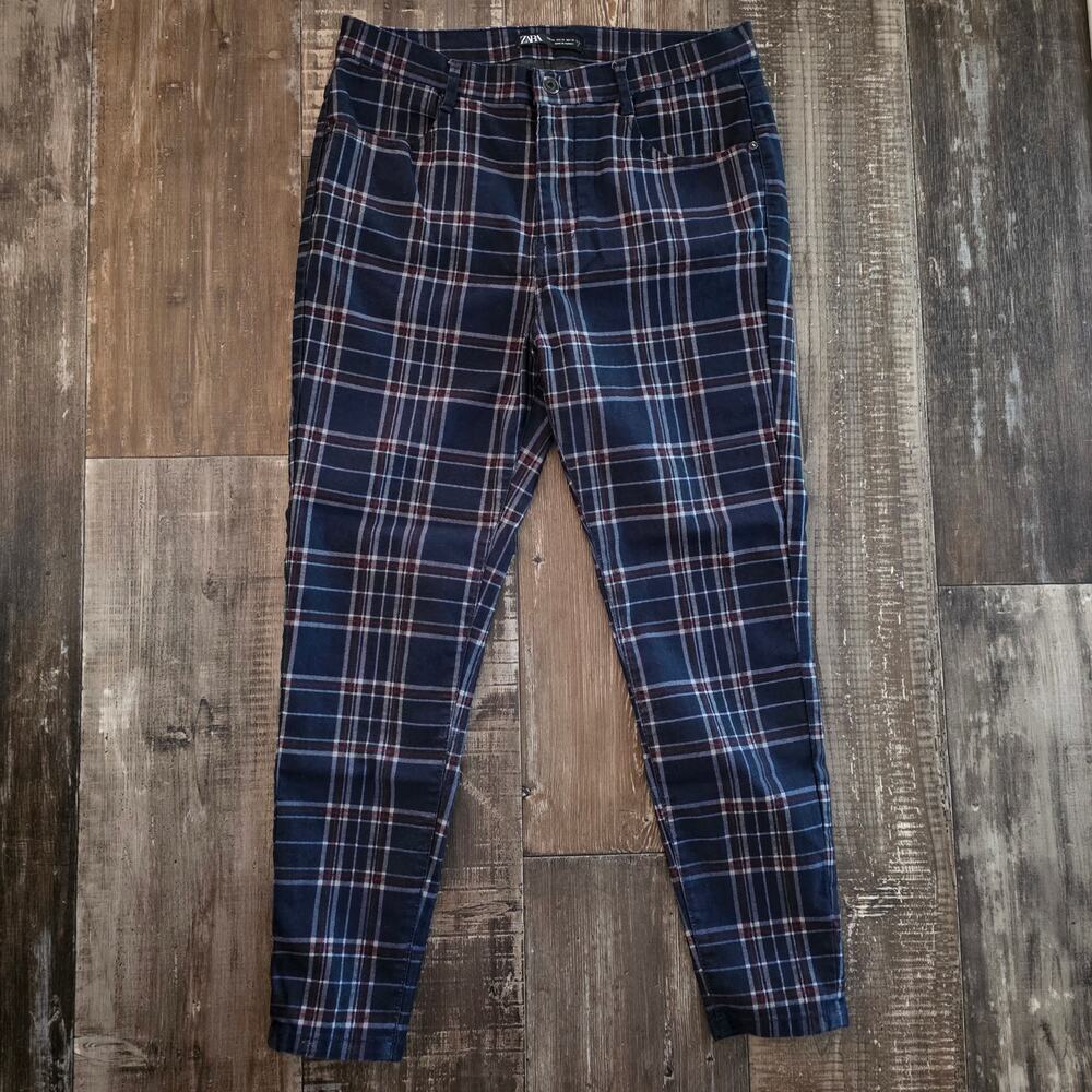 Zara Navy Plaid Windowpane Check Pattern Trousers Pants Size 34